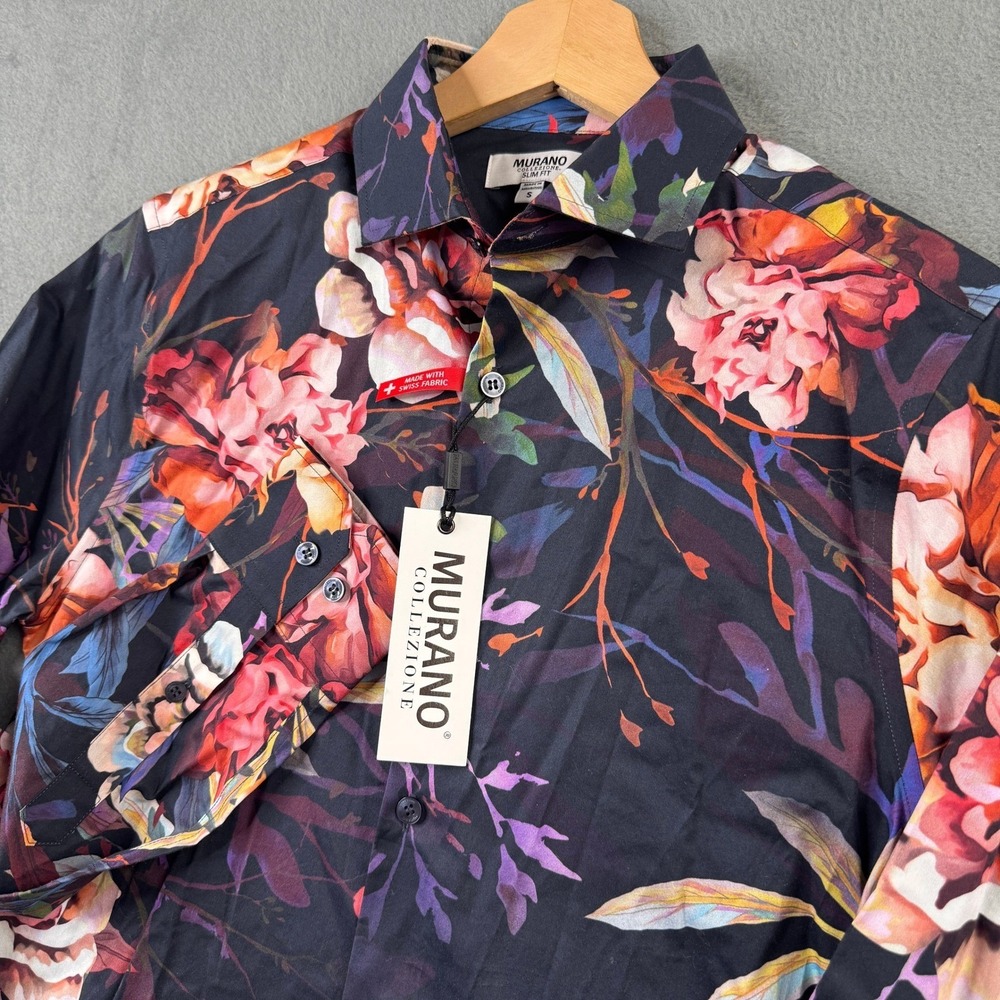 Murano Collezione‎ Slim Fit Shirt Mens Small Black Floral Swiss Fabric NWT